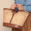 Shopping Bags Brand Large Capacity Tote for Women Rattan Woven Basket Bags Hollow Handbags Ladies Summer Round Handle Beach Bags Purses 220412