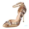 Shinning Light Gold Wedding Shoes With Flower Ankle Strap Women High Heels Genuine Leather Shoes Size 34