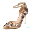 Chaussures de mariage or clair brillant avec bride à la cheville fleur femmes talons hauts chaussures en cuir véritable taille 34