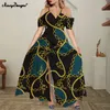 Noisydesigns Zwarte splitjurk trendy dames sexy off-shoulder ruches luxe bloemenpatroon dames feest boho maxi vestidos 220627