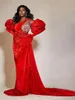 Veet Mermaid Red Prom Dresses with Puff Sleeves Beads Crystals One Shoulder Aso Ebi Women Evening Dress Without Gloves