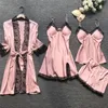 Summr New Satin Black Lace Fashion Women Sleepwear With Chest Pad Nightdress Shorst Cardigan Set Pajamas 201114