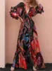 Boho Gedrukte gegolfde maxi-jurk sexy v-neck bisschop mouw club feestjurken elegante tuniek vrouwen zomerkleding a1226 220510