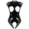 One-Piece Suits Womens Open Breast Crotchless Bodysuit Underwear Wet Look Patent Leather Lingerie High Neck Lace Trimmed Leotard NightwearOn