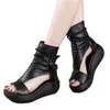 Sandálias Femininas de Verão Salto Médio Sapatos Cunhas Senhoras Retro Couro PU Plus Size Sandálias Mujer Sapato Feminino