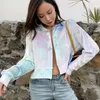 Kvinnorjackor Kvinnor Autumn Long Sleeve Velvet Baseball Coat Gradient Tie-Dye Print Open Front Jacket With Pin Clip Casual Loose Outw