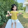 Summer Girls' Cotton Linen Suit 2022 New Style Square Neck Fly Sleeve Shirt Top + Shorts 2PCS Comfortable Children's Clothing G220509