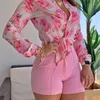 Zomerkleding voor vrouwen met lange mouwen shirt bijgesneden s roze print shorts groothandel items vrouwelijk tweedelig set 220611