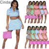 Designer Women Clothes Fashion Striped Two Piece Dress Suit Stand Collar Short Sleeve And Skirt Set Leisure Elastic Outfits