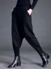 EAM Spring Fashion Black High Waist Elastic Pockets Patchwork Casual Woman Full Length Harem Pants SA155 220726