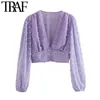 TRAF Women Fashion See Through Dot Chiffon Cropped Blouses Vintage Deep V Neck Lantern Sleeve Female Shirts Chic Tops 210401