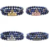 Blue Mens Armband Designer för Woman Tiger Eye Pärled Strands Gold Silver 10mm Cz Ball Stone Bead Woman S Mens Armband Bangles Smycken Valentines Day Gift 2st/Set