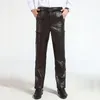 Pantalon masculin brun homme luxe cowskin réel pantalon en cuir plus taille de taille glissière vache à glissière de vache moto