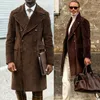 Men's Wool & Blends Brown Double Breasted Corduroy Men Coat Long Wide Lapel Travel Causal Tailored Overcoat Warm Formal Viol22