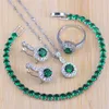 New Arrival Silver Color Jewelry Sets For Women Wedding Party Green Crystal Earrings Bracelet Rings Necklace Pendant Set 201222