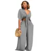 Designer Womens 2 Piece Pants Set Outfits Fashion Bandage Deep v Bat Sleeve Tops Wide-Ben Byxor Passar Summer Casual Clothing