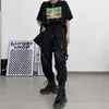 Qweek Techwear Готические черные грузовые брюки панк-стрит одежды хип-хоп Joggers Harajuku высокая талия ленты свободные женские брюки 220325