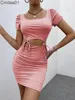 Summer Sexy Woman Pleated Dresses Women's Short Sleeved Hip Wrap Tight Short Skirt Plus Size Clothing