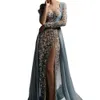 Pale Dusty Blue High Split Mermaid Evening Dresses Gowns 2022 Beaded Luxury Elegant For Woman Party prom gown