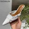 Suojialun Spring New Brand Women Slipper Fashion Buckle Pointed Toe Slip On Mules Shoes Thin Low Heel Ladies Dress Sandal 220509