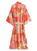 Bohemia Oranje bloembladeren Print Lang Kimono Shirt Ethnic Pracing Up Sashes Long Holiday Cardigan Loose Blouse Tops 220511