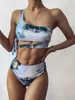 Baskı Spor Bandeau Push Up Bikinis Seksi Mermer Kadın Mayo Yüksek Bel Mayo Kadınları Banyo Takım Plaj Giyim 220527
