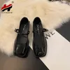 Robe chaussures 2022 femmes plates en cuir bout carré printemps automne unique Mary Jane noir simple 220512