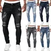Moda Gaya Jalanan Jeans Ramping Sobek Celana Panjang Denim Solid Cuci Pria Celana Denim Pensil Slim Fit Kasual Diskon Besar 220817