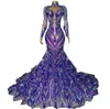 2022 Abiti da sera a maniche lunghe in pizzo con paillettes viola Abiti a sirena per ragazze nere Paillettes Collo alto Plus Size Sweep Train Abiti da cerimonia per occasioni speciali Robe De Soiree