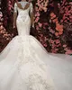 럭셔리 아랍어 두바이 크리스탈 인어 웨딩 드레스 2022 긴 소매 레이스 아플리케 수제 3D 꽃 신부 가운 가운 드 마리레