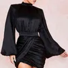 Kış Uzun Kollu Elbise Kadın O Boyun Bodycon Yüksek Bel Seksi Tasarım Gece Kulübü Parti Elbiseler Siyah