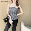 Women's Blouses & Shirts Plaid Korean Blouse Women Strapless High Waist Blusas Tops And White Thin Black Pants Female Fashion Outfits