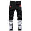 2022 Męskie dżinsy dżinsy Nowy Dorywczo Czarny Haftowany Rose Ripped Paint Dżinsowe Spodnie Moda Tight Ołówek Spodnie