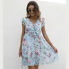 Elegante vestido estampado floral mujeres elegante verano cuello en V gasa Midi Vestidos mujer A-Line Sundress vacaciones fiesta Vestidos 220517