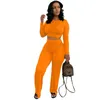 Fall Winter Women Tracksuits Two Piece Set Designer Solid Color Leisure Pleated Long Sleeve Crop Top And Wide Leg Pants Outfits