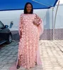 Kvinnor Solid spets Broderi Blomklänningar Mesh O-hals Batwing ärm Lös Plus Size Robe Väst Lång klänning afrikansk stil