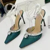 Sandalen Spitz Zehen Seide Satin High Heel Pumps Frauen Kristall Perle Kette Dekor Knöchel Riemchen Sexy Hochzeit Braut Schuhe 2023 Sandalen