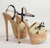 Högklack Sandalias Fjäril-knot Cane Woven Platform Sandaler för kvinnor Öppna tå träskor spännband