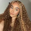 Highlight Curly Wave Lace Front Human Hair Wigs for Black Women Brazilian Virgin Remy Ombre Brown Honey Blonde Color 13x4x1 T Part Lace Wig 150%