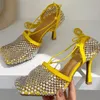 Summer Sandal Shoes Woman High Heels Wedding Crystal Sandals Womens Ankle Strap Rhinestone Party High Heel sko Storlek 35-42