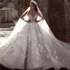 Lussuoso abito da ballo principessa Abiti da sposa Paillettes lucidi Scollo a V Manica lunga Senza spalline Paillettes in pizzo Fiori 3D Perline Treno lungo Abiti vintage da sera