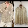 Chemise ample à manches longues pour hommes, avec paillettes dorées et noires, avec pompon, Performance de chanteur et de danseur, chemises transparentes à franges