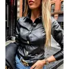 Vrouwen Blouses Shirts Vrouwen Imitatie Leer 2022 Elegante Single Breasted Pu Shirt Dames Mode Revers Lange Mouwen Casual