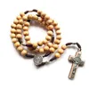 Pendant Necklaces Brown Wood Beads Strand Neckalce Jesus Cross Weave Rosaries Catholic Religious JewelryPendant