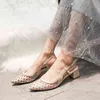 À pois maille femmes chaussures talon épais 2021 nouveau Baotou printemps mi-talon bouche peu profonde pointu dos chaussures vides sandales G220527