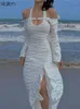 KLALIEN Fashion Elegant French Romantic Solid White Maxi Dresses Women Beach Vacation Style Sexy Off Shoulder Halter Dresses Y220401