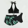 Mulheres Swimwear Split Mulheres Senhoras Cor 3Pack Impressão Tropical Halter Bikini Swimsuit com shorts de natação Push up Three-peça Bikinis Set