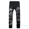 Men's 3D Printing Stretch Jeans Personality Pattern Trendy Casual Men's Slim Denim Trousers