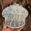 Berets Women Pink Bride Military Hat Flower Sequin Burning Bridal Captain Sergeant Luxury Rhinestone Festival Birthday Part HatBerets