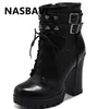 Nasbvai New Fashion Pu Lacing High Heils Martin Boots Thick with Belt Backle Ankle Boot